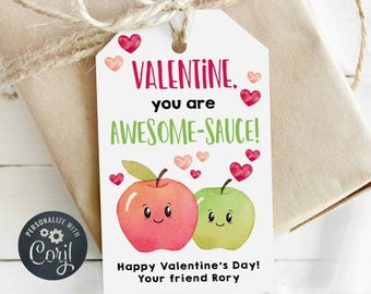 Applesauce Valentine Gift Tag Template, You Are Awesome-Sauce Favor Tag, Printable Applesauce Pouch Tag, Editable Valentine Instant Download