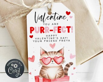 Puede incluir: Una etiqueta de regalo de San Valentín con un gato con gafas en forma de corazón, dentro de una caja roja. La etiqueta dice: "Valentine, you are PURR-FECT! Happy Valentine's Day! Your friend Freya."
