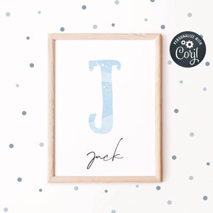 Printable Baby Blue Initial Print, Letter Nursery Print, Blue Watercolor Personalized Kids Print, Nursery Decor, DIY Instant Download