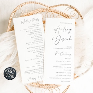 Minimalistische Hochzeitsprogramm Vorlage, druckbare moderne klassische Run Sheet, bearbeitbare Reihenfolge der Zeremonien-Zeitleiste, sofortiger Download, #MW2