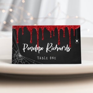 Plantilla de tarjeta de lugar de sangre de vampiro de Halloween, tarjeta de nombre de goteo de brillo imprimible, tiendas de campaña de buffet de comida de Halloween editables, descarga instantánea, #VP