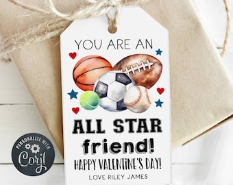 Modello di etichetta regalo sportiva per San Valentino, etichette stampabili per amici All Star, etichette modificabili per San Valentino a tema palloni scolastici, download digitale