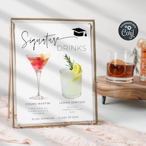 Graduation Signature Drinks Sign Template, Printable Grad Party Cocktail Sign, Editable College Graduate Bar Menu, Instant Download, #SG