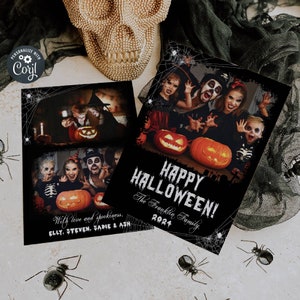 Halloween-fotokaartsjabloon, afdrukbare Spooky Halloween-vakantiekaart, bewerkbare spinnenfamilie Halloween-wenskaart, direct downloaden