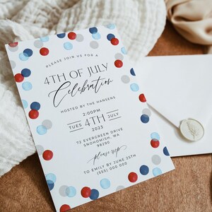 May include: A white invitation card with red, blue, and gray confetti-like dots around the border. The text reads "4th of July Celebration" and includes event details. An envelope with a wax seal is visible.