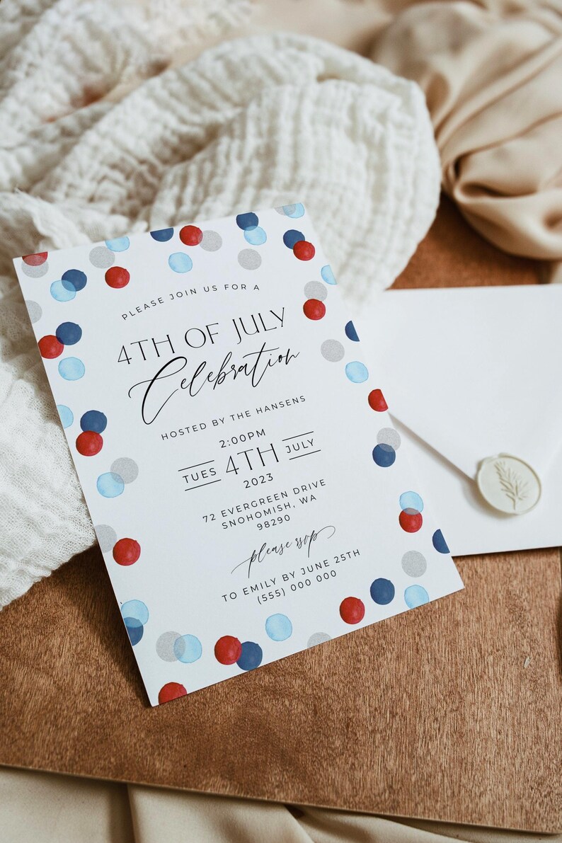 May include: A white invitation card with red, blue, and gray confetti-like dots around the border. The text reads "4th of July Celebration" and includes event details. An envelope with a wax seal is visible.