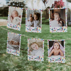 Plantilla de pancarta con foto para el primer cumpleaños con lunares de arcoíris, tarjetas editables para el primer año del bebé, guirnalda de fotos imprimible, descarga instantánea #RSB