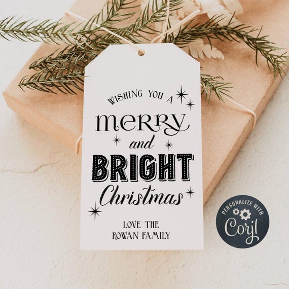 Merry & Bright Christmas Gift Tag Template, Printable Holiday Party Favor Tag, Editable Modern Typography Xmas Present Tag, Digital Download