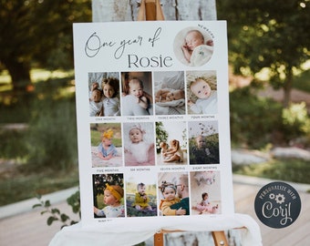 Editable Baby&#39;s First Year Poster Template, Modern 1st Birthday Photo Collage Sign, Printable Year In Pictures Board, Instant Download, #B4