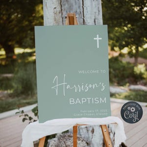 Sage Green Baptism Welcome Sign Template, Printable Modern Minimalist Christening Sign, Editable Religious Welcome, Instant Download, #SGB
