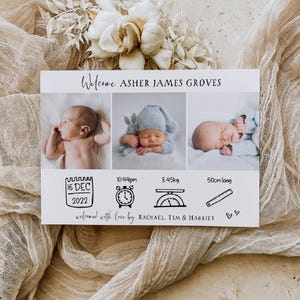 May include: A birth announcement card with three baby photos. The card includes the baby's name, birth date, time, weight (3.45kg), and length (50cm). The text reads "Welcome Asher James Groves" and "welcomed with love by Rachael, Tim & Harriet."