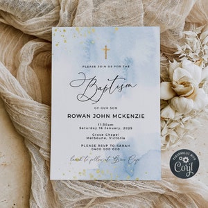 Blue & Gold Baptism Invitation Template, Printable Baby Blue Watercolor Christening Invite, Editable Boy Baptism, Instant Download, #BB