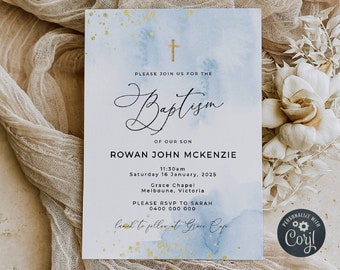 Blue & Gold Baptism Invitation Template, Printable Baby Blue Watercolor Christening Invite, Editable Boy Baptism, Digital Download, #BB