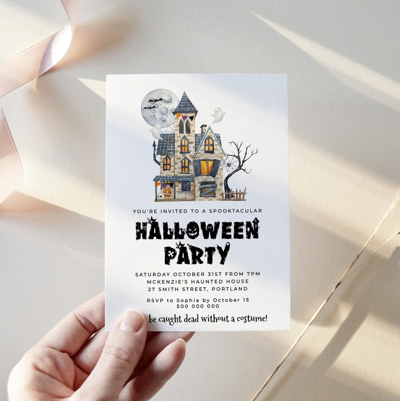 May include: A Halloween party invitation with a watercolor illustration of a spooky house with a jack-o-lantern, ghosts, and bats. The text reads "You're invited to a spooktacular Halloween Party. Saturday October 31st from 7pm McKenzie's Haunted House 27 Smith Street, Portland RSVP to Sophia by October 15 500 000 000 be caught dead without a costume!"