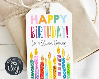 Happy Birthday Gift Tag Template, Printable Rainbow Candles Favor Tag, Editable Colorful Birthday Tags, Digital Download