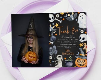 Mall för tackkort för Halloween-födelsedag, utskrivbart tackkort för barn med läskigt firande, redigerbart tackkort för festen, digital nedladdning, #H5