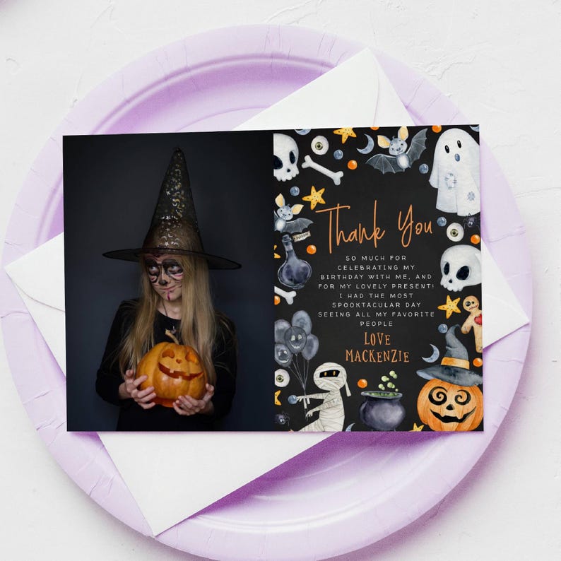 Halloween Birthday Photo Thank You Card Template, Printable Kids Spooky ...