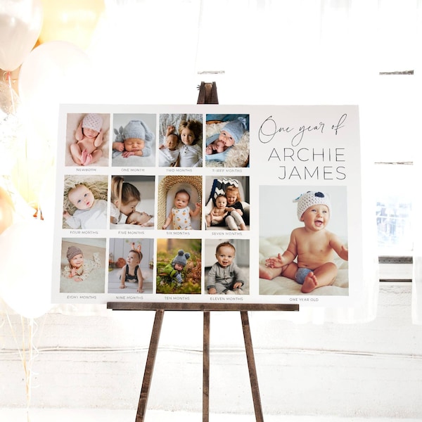 Horizontales erstes Jahr des Babys Poster Vorlage, druckbare Fotocollage zum 1. Geburtstag, bearbeitbares Jahr in Bildertafel, digitaler Download, # B1