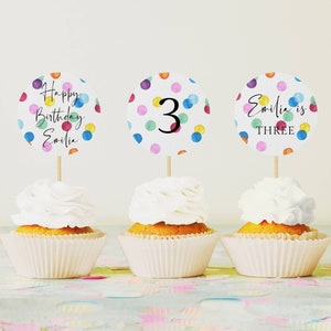 Modello stampabile per cupcake con macchie arcobaleno, scelte modificabili per cupcake per feste di compleanno, toppers a pois acquerello, download istantaneo, #RSB