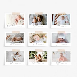 Modello di banner fotografico orizzontale per il primo compleanno, carte cardine mensili del primo anno del bambino modificabili, ghirlanda stampabile, download istantaneo, #B1