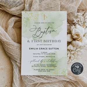 Editable Sage Green & Gold Watercolor Baptism And 1st Birthday Invitation Template, Printable Christening Invite, Instant Download, #GB