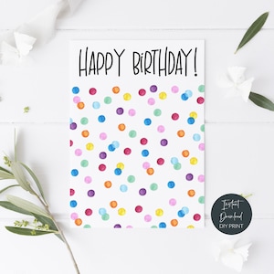 Gelukkige verjaardag regenboog vlekken mini koekjeskaart, afdrukbare confetti polka dot koekjeskaart, verjaardag traktatie cookie backer tag, instant download