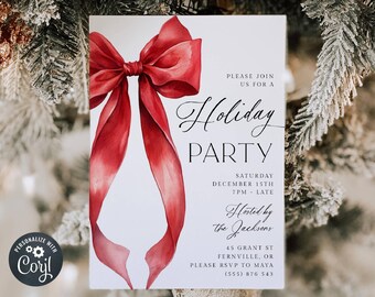 Red Bow Holiday Party Invitation Template, Printable Christmas Invite, Editable Coquette Classic Festive Invitation, Digital Download