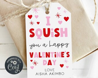 Pode incluir: Etiqueta de presente branca com corações, estrelas rosa e vermelhas e o texto "I SQUISH you a happy VALENTINE'S DAY LOVE AISHA AKIMBO".