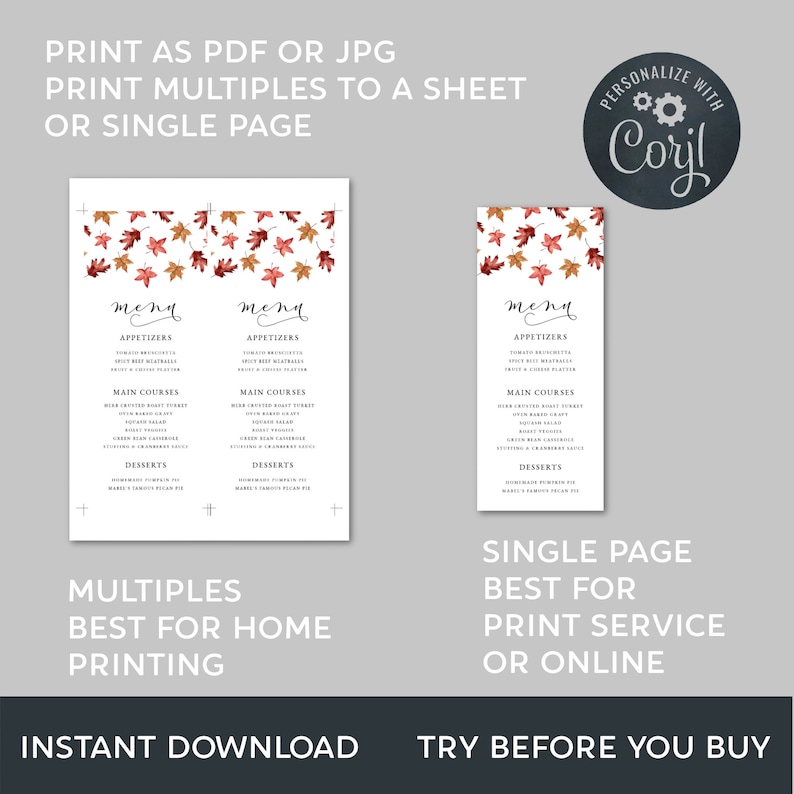 May include: A printable menu template with a fall theme. The menu features a decorative border of autumn leaves in shades of red, orange, and brown. The text includes "menu", "appetizers", "main courses", and "desserts".
