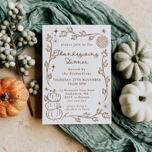 Plantilla de invitación para la cena de Acción de Gracias, invitación imprimible con calabazas originales, invitación bohemia editable para Friendsgiving, descarga digital. imagen 6