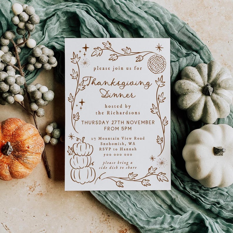 Plantilla de invitación para la cena de Acción de Gracias, invitación imprimible con calabazas originales, invitación bohemia editable para Friendsgiving, descarga digital. imagen 6