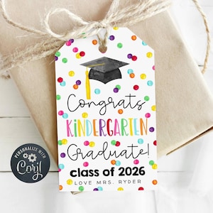 Kindergarten Graduation Gift Tag Template, Printable Congratulations Kinder Graduate Favor Tag, Editable End Of Year Tag, Digital Download image 1