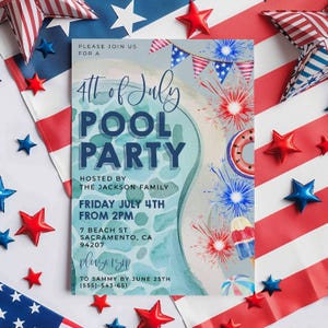 4th Of July Pool Party Invitation Template, Printable July Fourth Swimming Party Invite, Editable Independence Day Invite, Instant Download