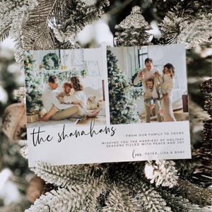 May include: A rectangular holiday card featuring two photographs of a family with a child and a dog near a Christmas tree. The text reads: the shanahans, FROM OUR FAMILY TO YOURS, WISHING YOU THE HAPPIEST OF HOLIDAY SEASONS FILLED WITH PEACE AND JOY, Love, PETER, LISA & RORY.