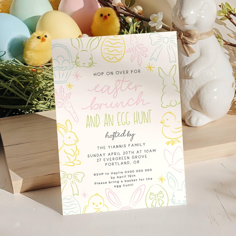 Doodles Easter Brunch Invitation Template, Printable Whimsical Egg Hunt Invite, Editable Hand Drawn Bunnies Invite, Digital Download, #E3 image 5