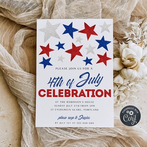 May include: A white invitation card with red, white, and blue stars. The text reads "4th of July Celebration" with event details. The card is on a textured, off-white surface with floral accents.