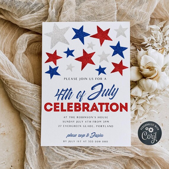 Minimalist 4th Of July Invitation Template, Printable July Fourth Glitter Stars Invite, Editable Patriotic Invite, Digital Download, #J8