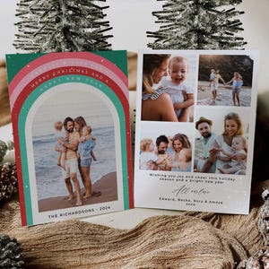 Retro Pastell Bogen Foto Feiertagskartenvorlage, druckbare Groovy Weihnachtskarte, bearbeitbare 70er Jahre Familienfotos Grußkarte, sofortiger Download