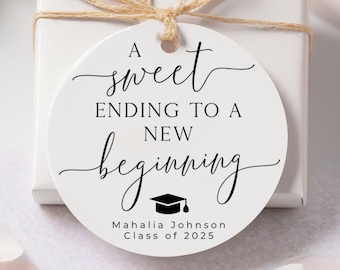Printable Graduation Favor Sticker Template, Editable Sweet Ending To A New Beginning Minimal Graduate Round Gift Tag, Instant Download, #G1