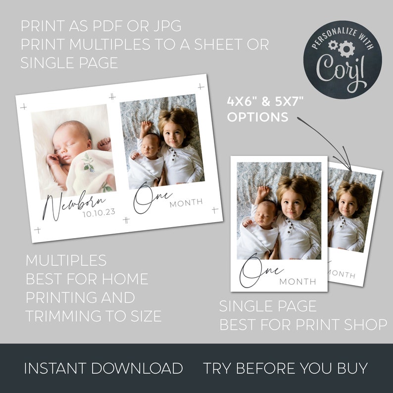 May include: Printable digital download of two photo cards featuring a newborn baby and a one-month-old baby. The cards are designed with a white background and black text. The text on the cards reads "Newborn 10.10.23" and "One Month".