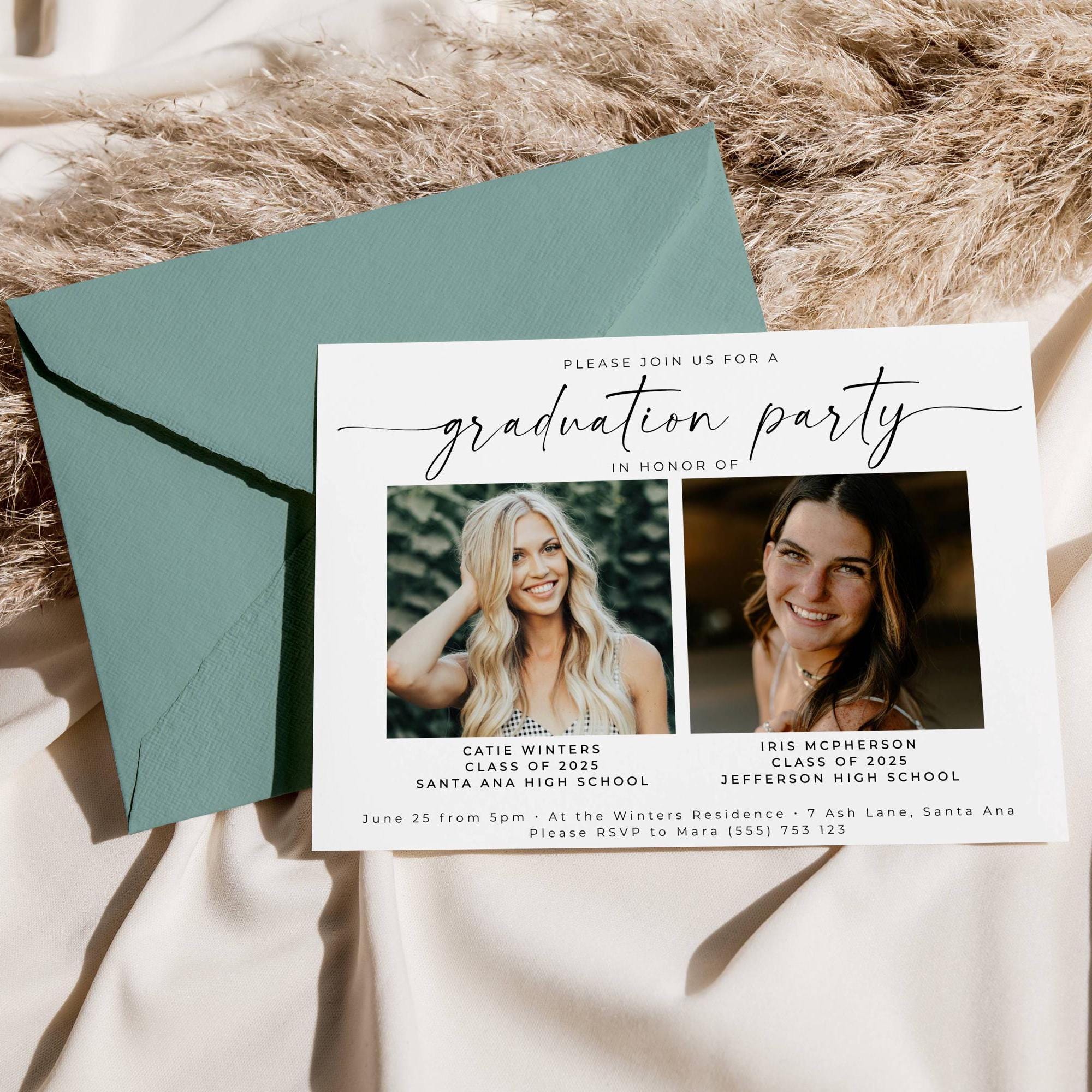 Double Graduation Party Invitation Template, Printable Joint Photo ...