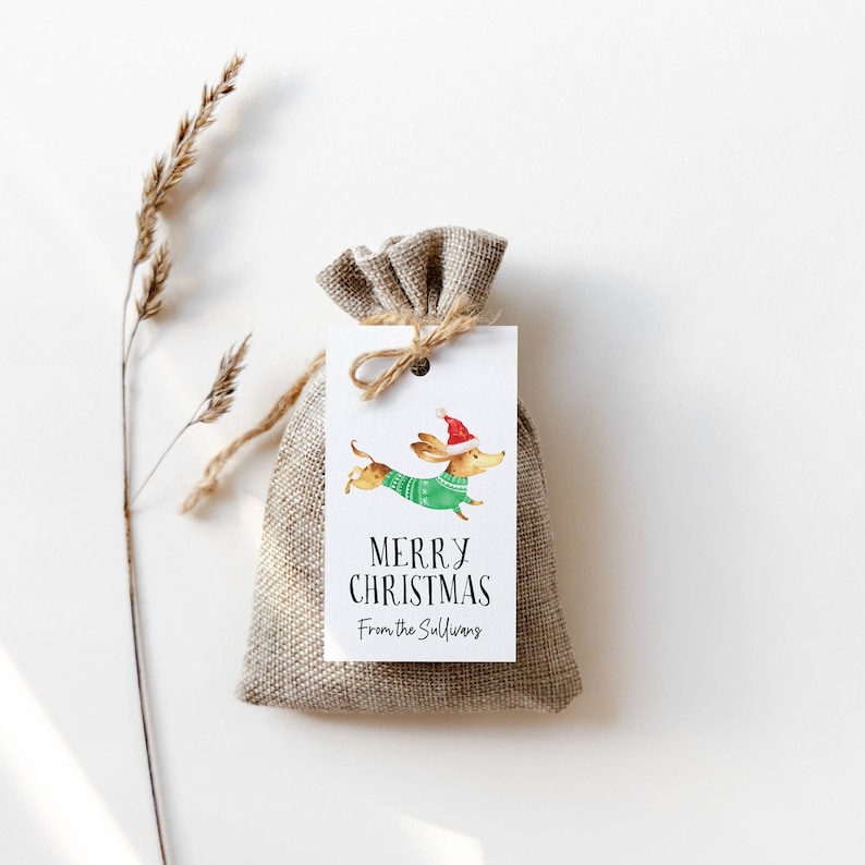 May include: A white gift tag with a watercolor illustration of a dachshund wearing a green sweater and a red Santa hat. The text on the tag reads "Merry Christmas" and "From the Sullivans".