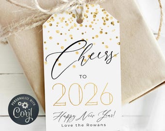 Cheers To 2026 New Year's Eve Gift Tag Template, Printable NYE Favor Tags, Editable Modern Gold Confetti New Year Tags, Digital Download