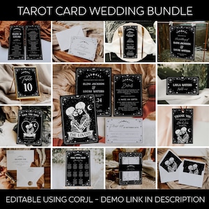 Tarot-Karte Die Liebhaber Große Hochzeitsvorlage Bundle, druckbare Gothic Halloween Hochzeit Bundle, bearbeitbare Skelett Mondphasen Set #H9