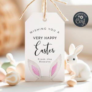 Modèle d'étiquette cadeau Joyeuses Pâques, oreilles de lapin imprimables, étiquettes de faveur pour panier de Pâques, étiquette lapin modifiable mignon classe scolaire, téléchargement immédiat