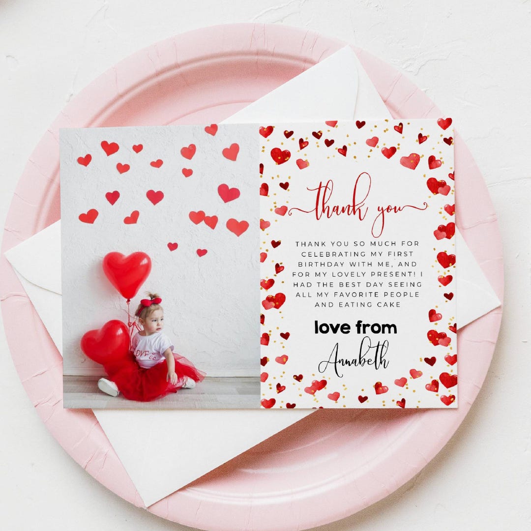 Editable Little Sweetheart Valentine Birthday Photo Thank You Card ...