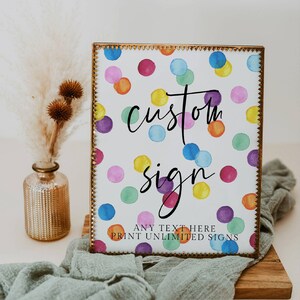 Modelo de placa personalizada de aniversário editável de pontos de arco-íris, placas de festa de bolinhas para impressão, impressão ilimitada de placas, download instantâneo, #RSB