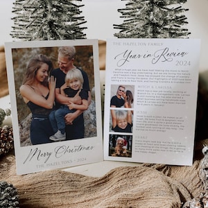 Modernes Jahr im Rückblick Feiertagskartenvorlage, druckbare Fotoweihnachtskarte, bearbeitbare minimale Familienaktualisierungsgrußkarte, sofortiger Download