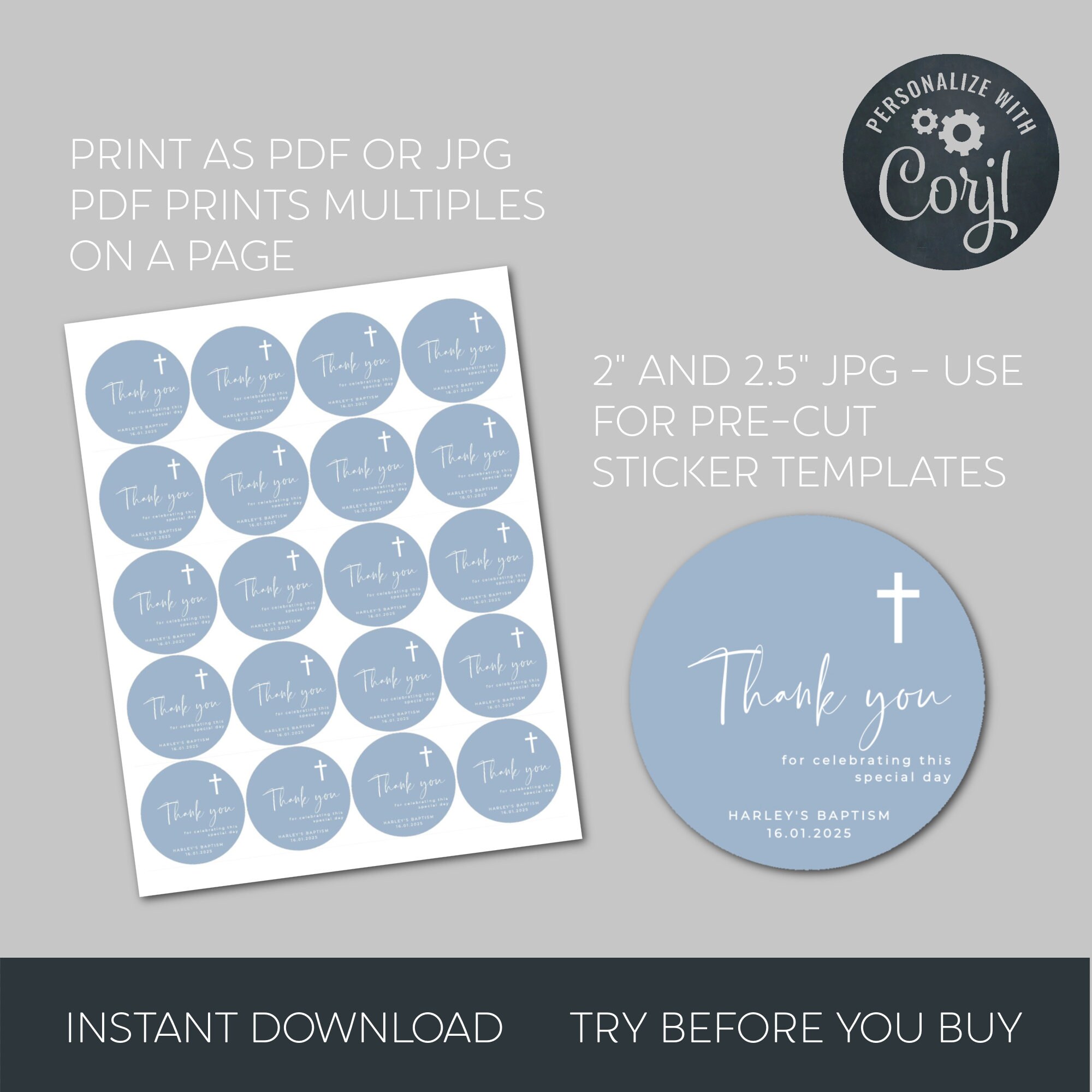 Dedication Tag Layout Round Dusty Blue Baptism Favor Tag Template, Printable Christening Gift ...