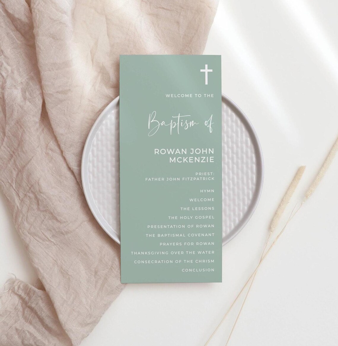 Sage Green Baptism Program Template, Printable Modern Christening ...